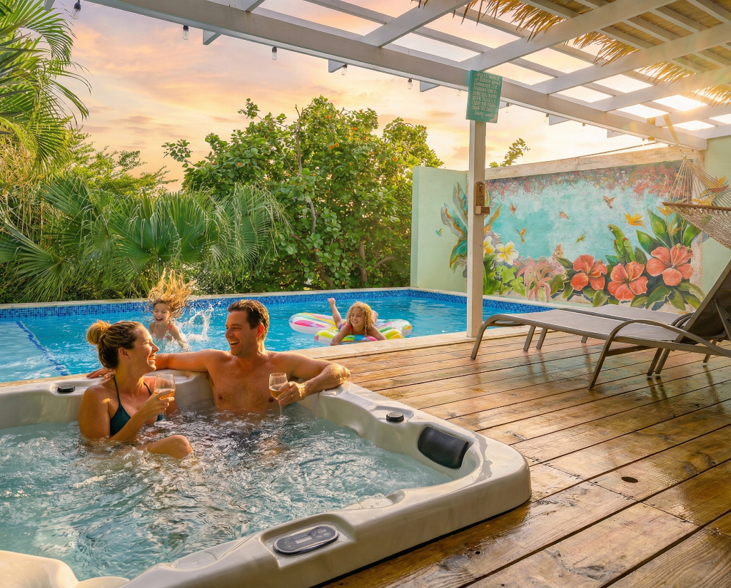 Dushi Hideaway - Family in hot tub with pool and tropical mural
