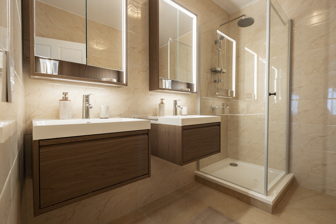 Double vanity and glass shower in a Castaway Beach bathroom