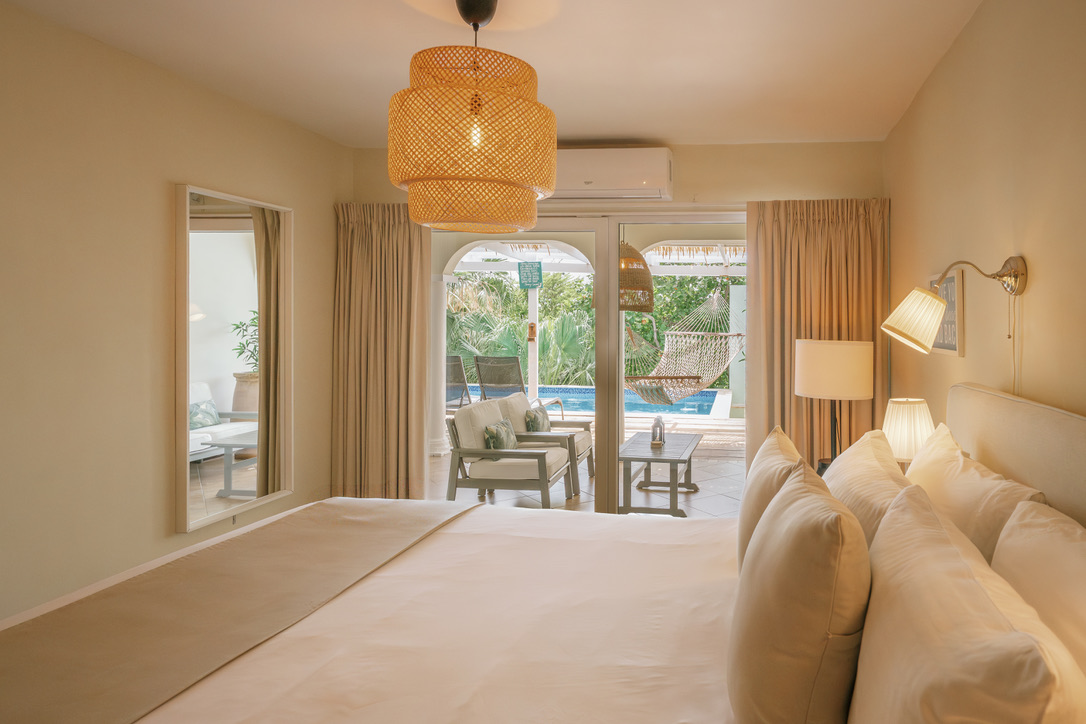 Master bedroom overlooking the pool terrace