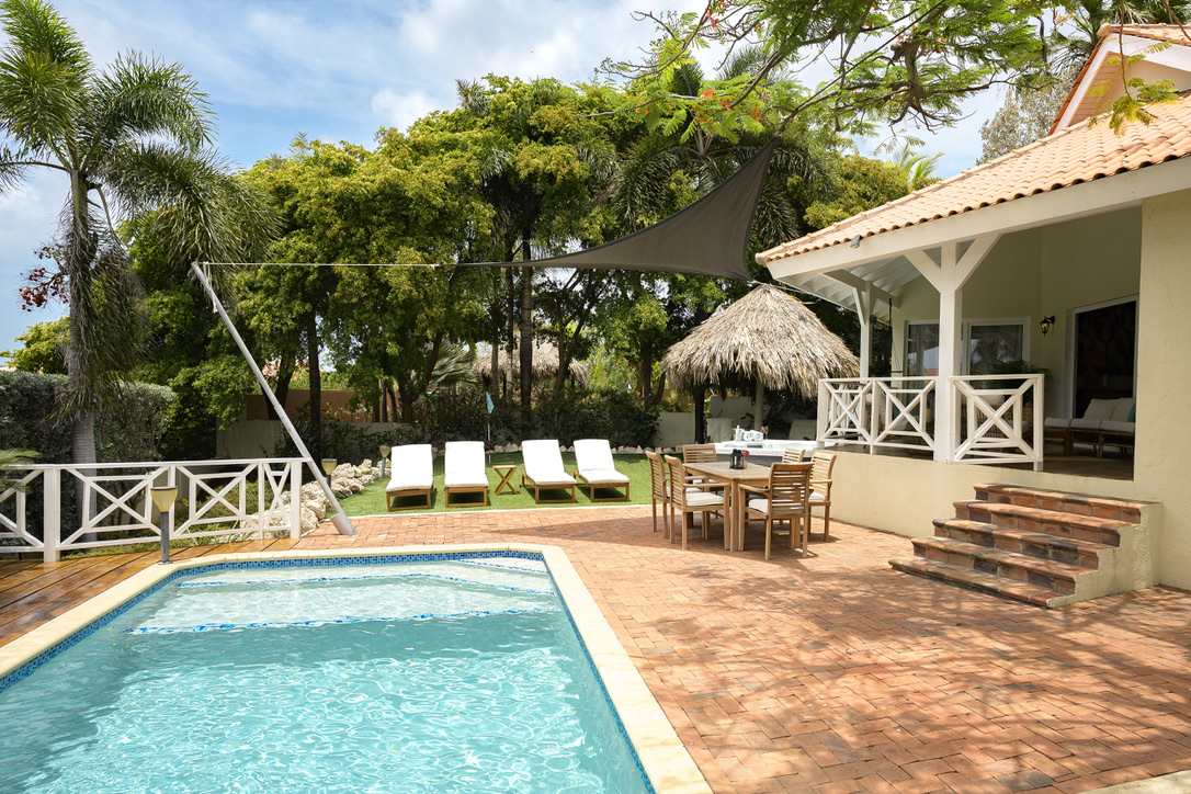 Pool and terrace with the shaded palapa beyond at Palm Breeze