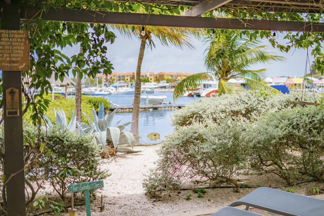Garden path and marina view from the shaded porch