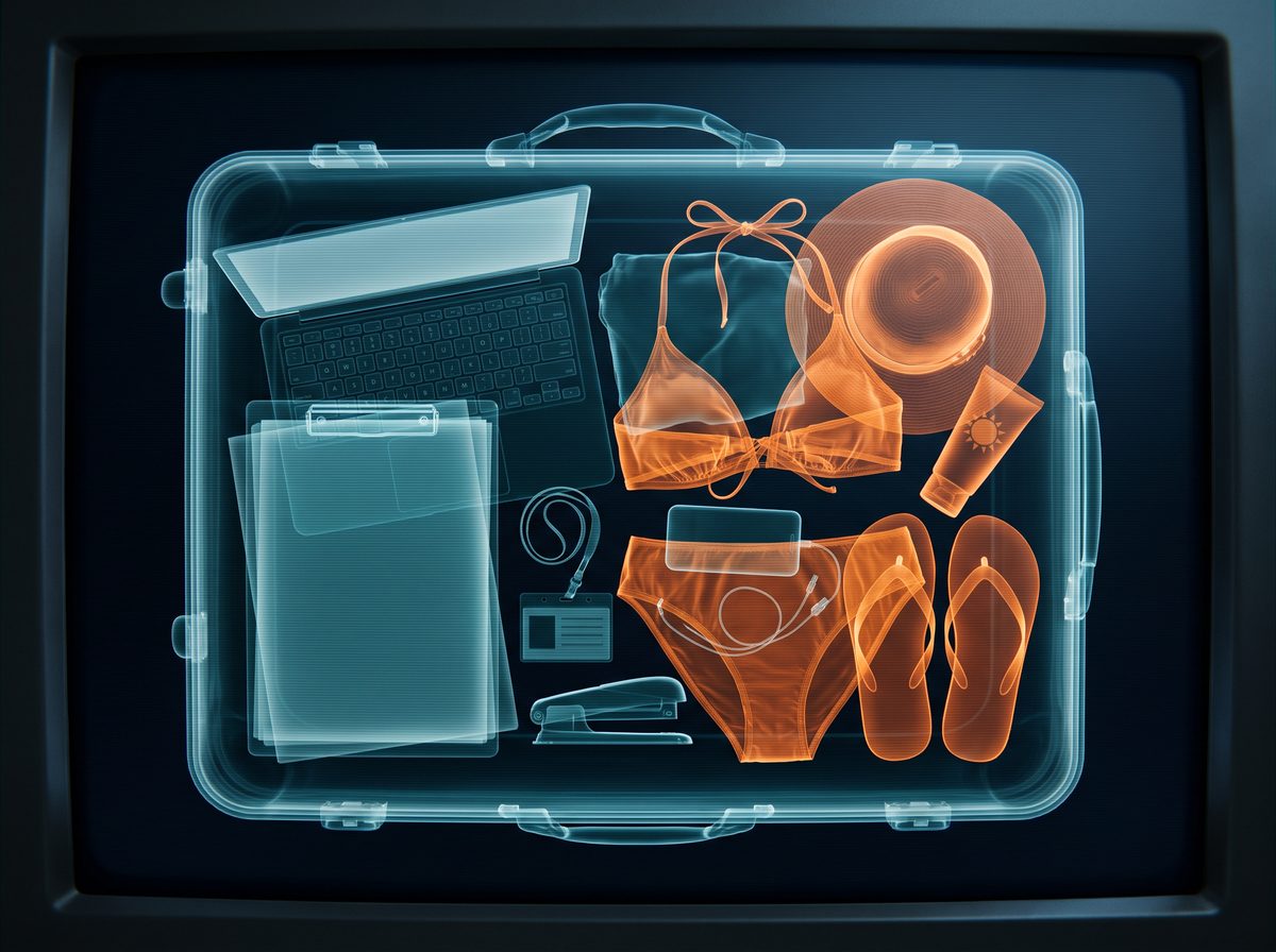 Airport X-ray of one suitcase: the office on one side, the swimwear on the other