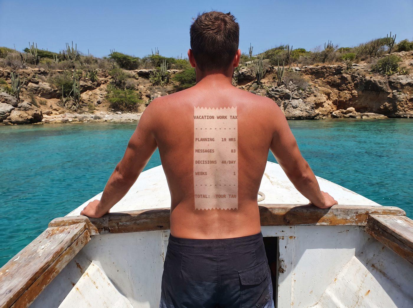 A sunburnt back with a tan line the exact shape of a till receipt reading VACATION WORK TAX