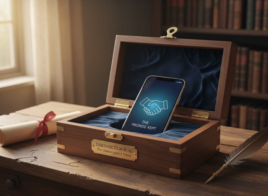 A phone retired in a wooden box