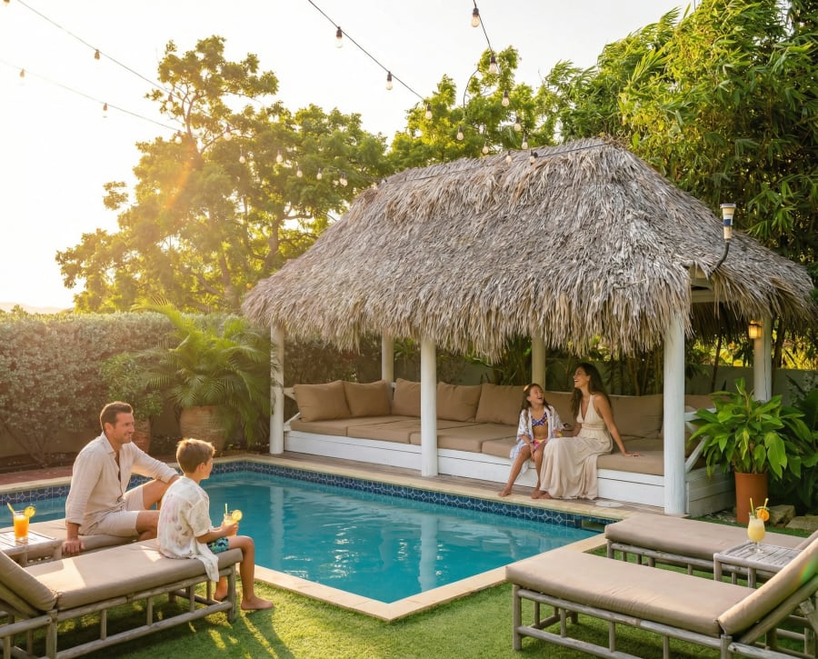 Happy Hideaway pool cabana with guests