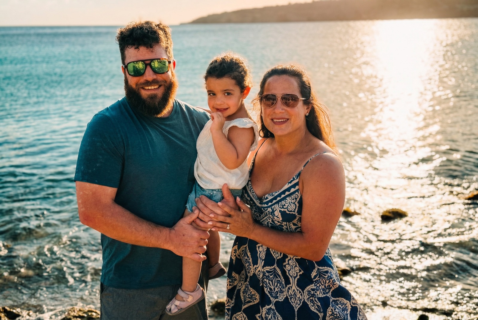 Two adults holding their young child beside the sea