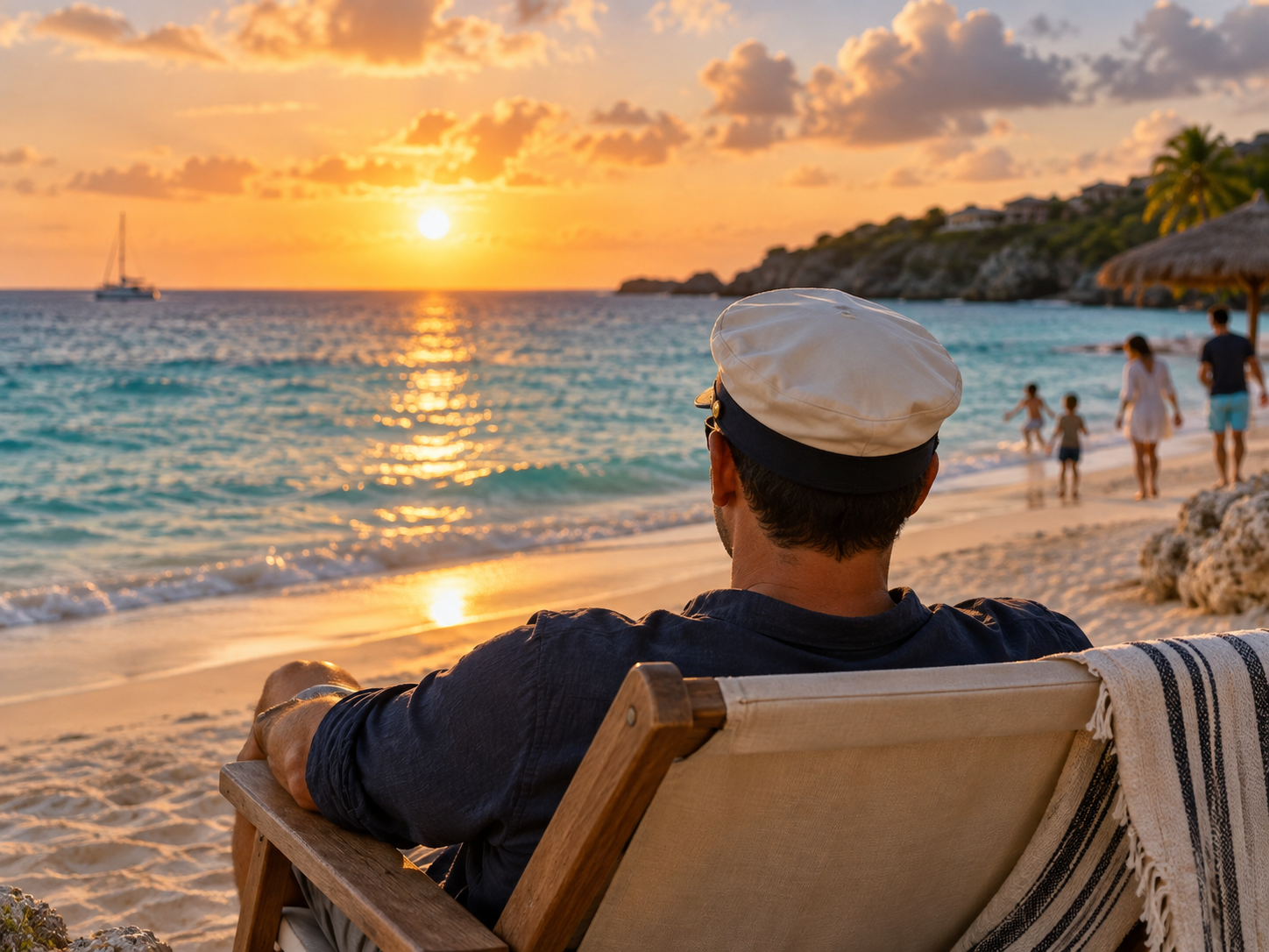 Illustration of a relaxed anonymous adult in a captain’s hat watching a Caribbean sunset.