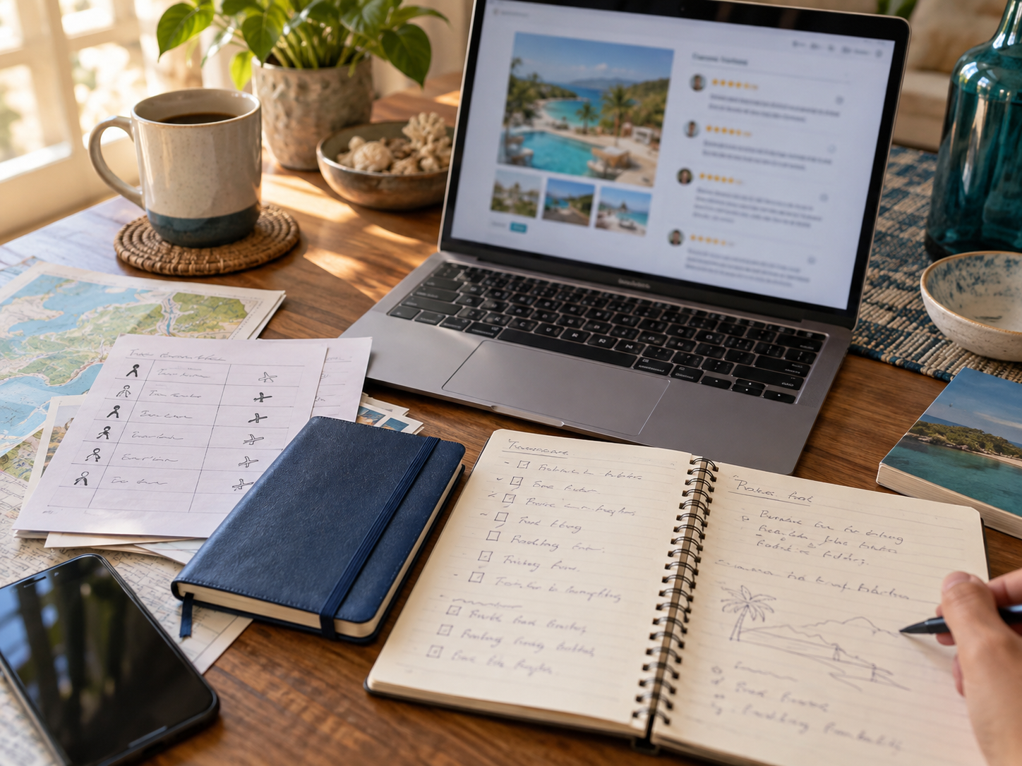Illustration of a vacation-planning desk with a laptop and travel notes.
